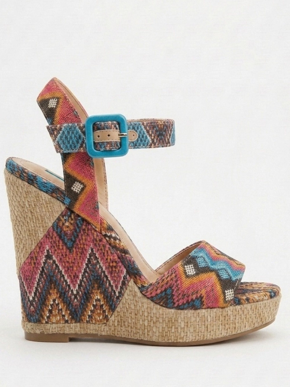 BCBGeneration Multicolor Aztec Print Wedge Sandals with Turquoise Buckle